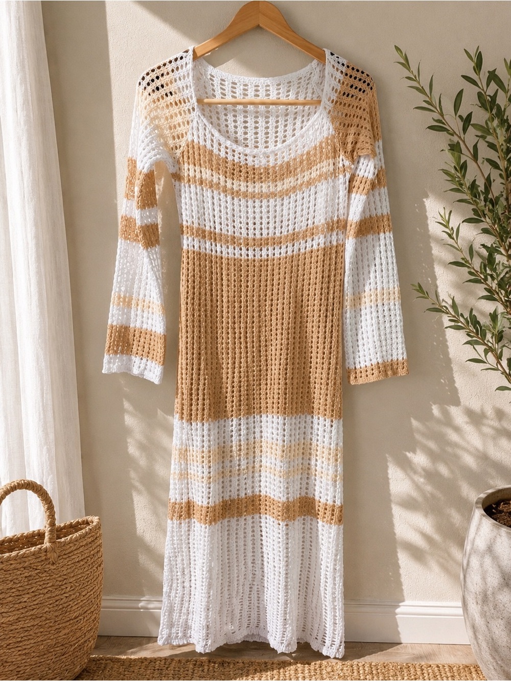 Women’s White & Tan Striped Crochet Beach Cover-Up Dress - Picture 2 of 2